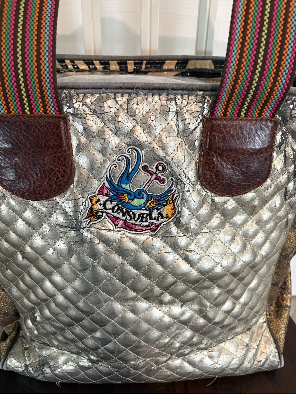 Consuela Metallic Silver Quilted Tote with Snake-Print Sides - Picture 2 of 8